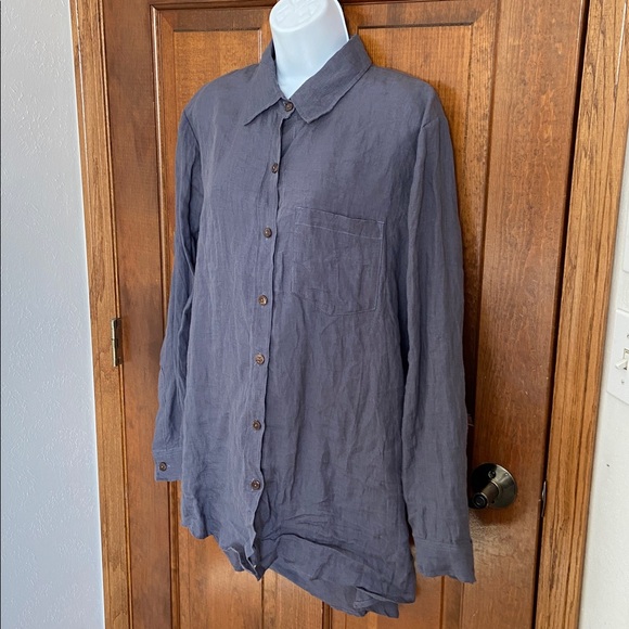 Petalura European Washed Linen Natural Button Down Shirt in Slate Blue.tunic 1X - Picture 5 of 11